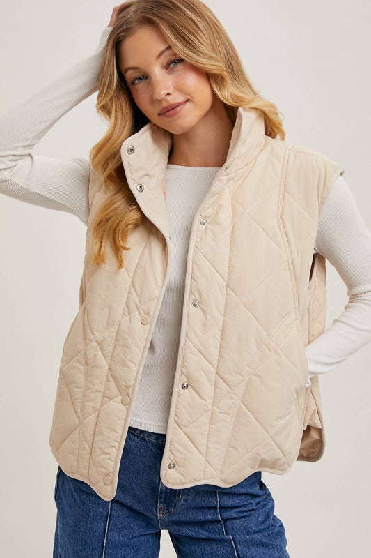 Button Down Quilted Puffer Vest with Pockets: Beige
