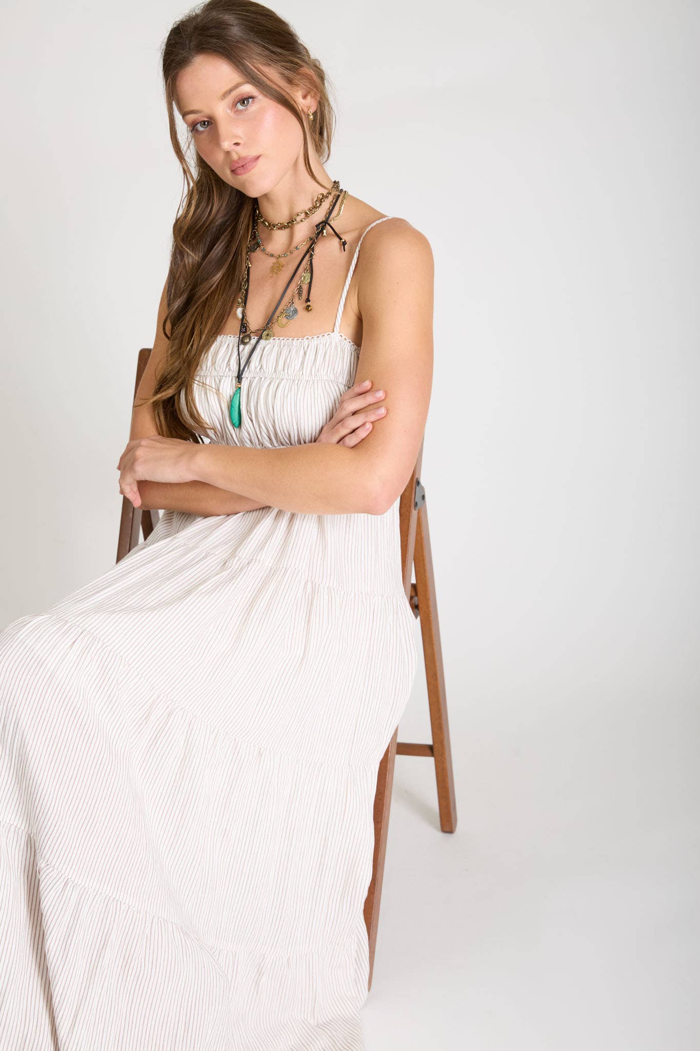 Stripe Shirred Empire Waist Tiered Midi Dress: Mocha