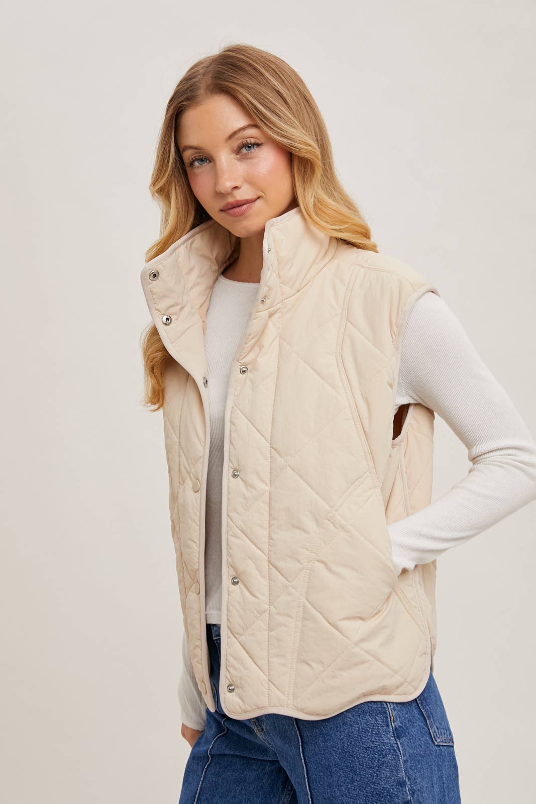Button Down Quilted Puffer Vest with Pockets: Beige