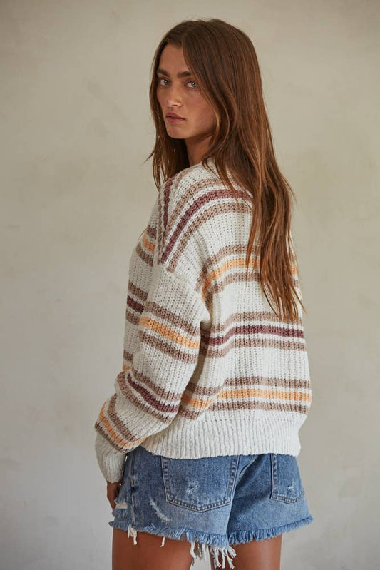 Knit Striped Sweater Long Sleeve Mock Neck Pullover: White Multi