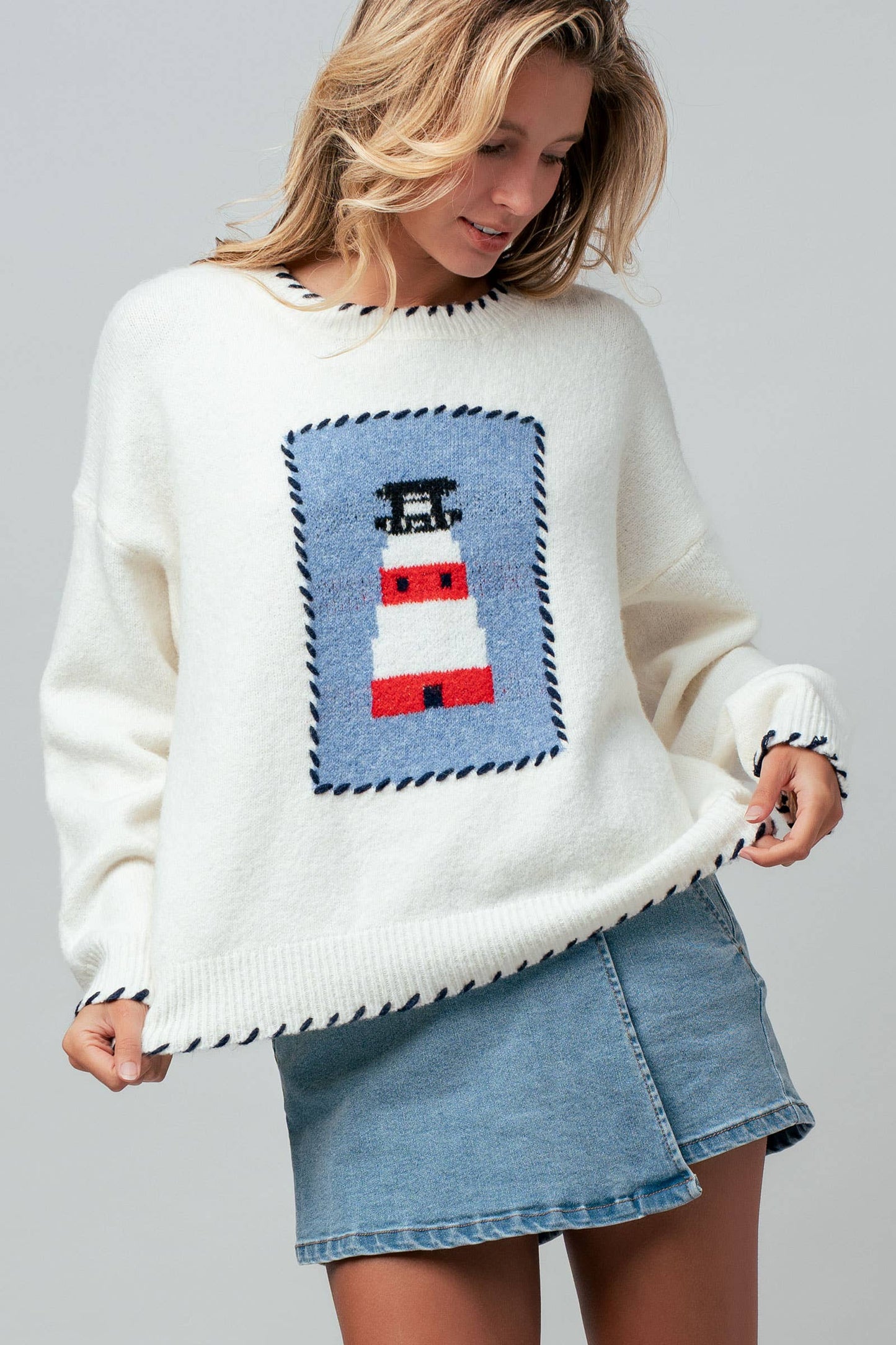 Whipstitch Trim Lighthouse Knit Sweater