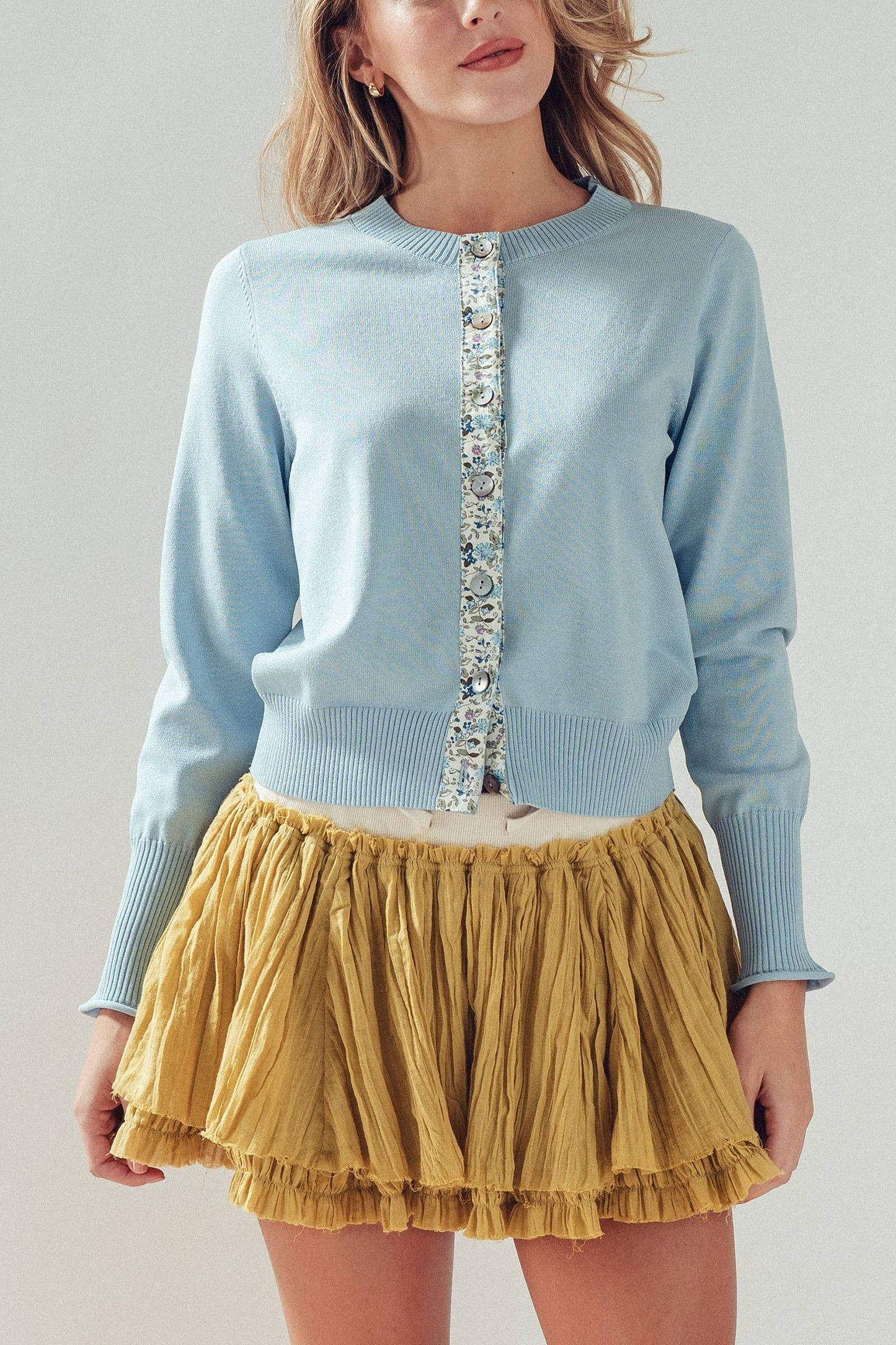 Contrast Floral Detail Knit Button Cardigan - Blue