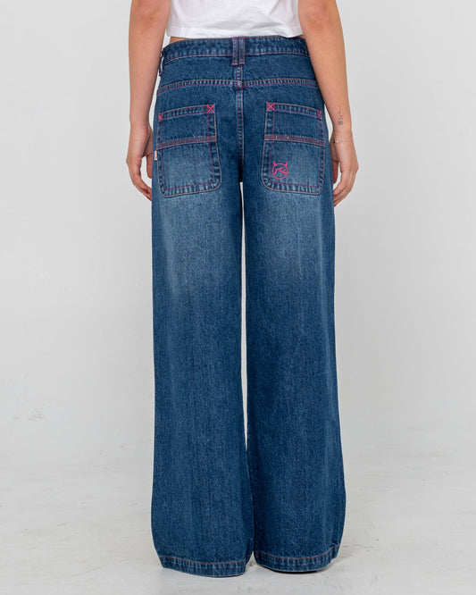 Rusty Colour Me Wendy Wide Low Rise Jeans - Blasted Deep Sea Blue