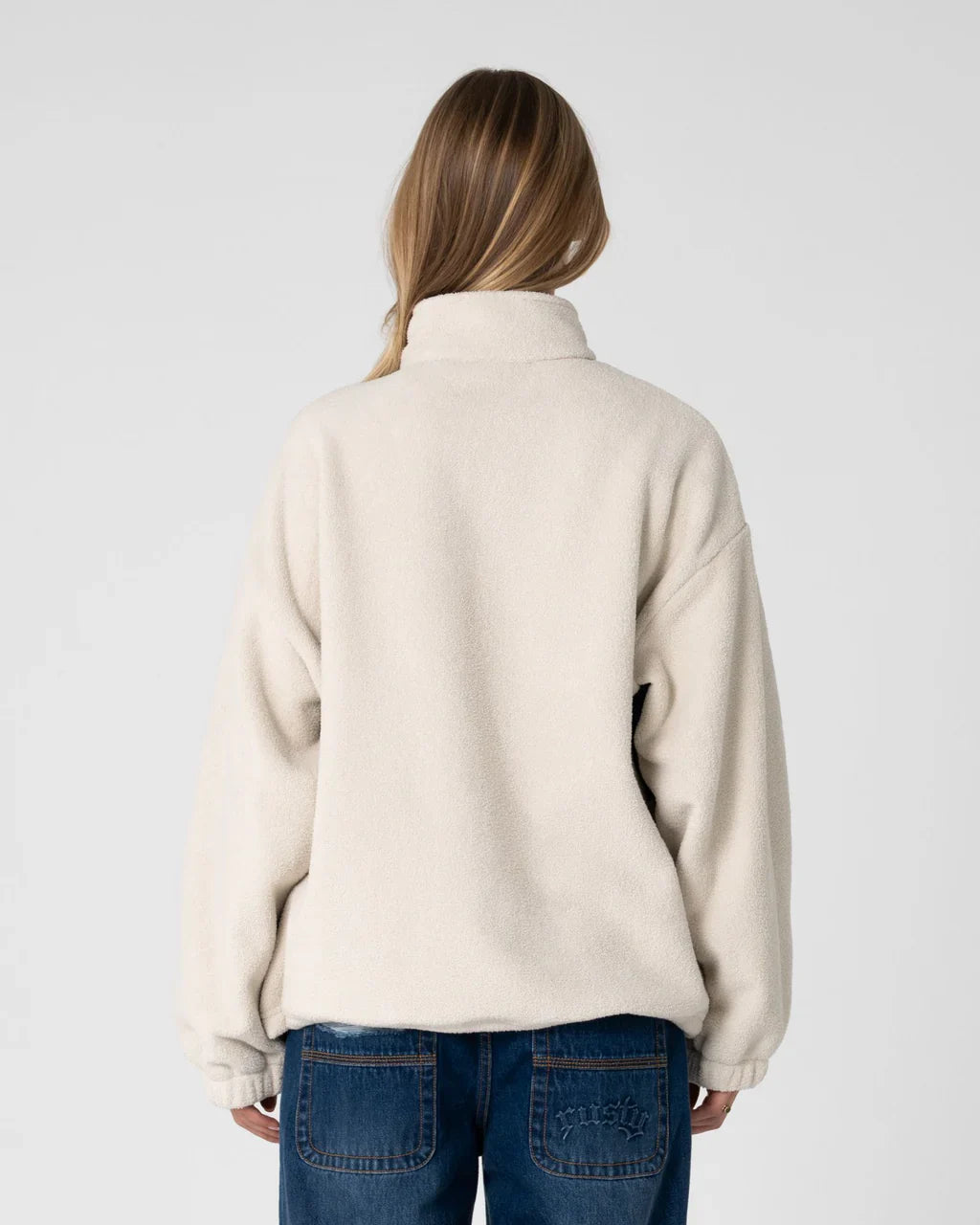 Two Tides Zip Through Sherpa Fleece - Egret/Navy Blue