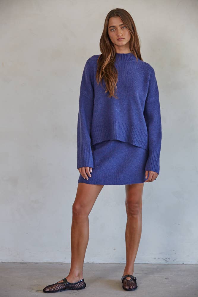 Knit Sweater Mock Neck Long Sleeve Top: Navy