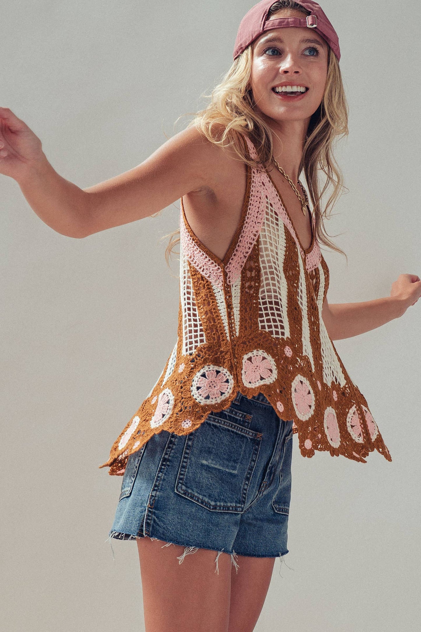 Floral Motif Open-Knit Crochet Tank - Brown Tank