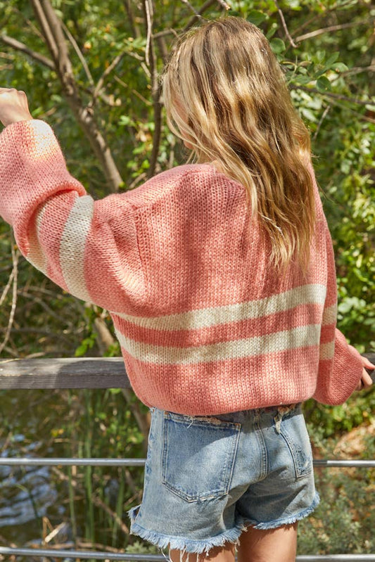 Knit V-Neck Oversized Striped Sweater Top