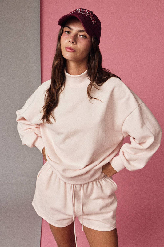 Mock Neckline Set Shorts: Blush