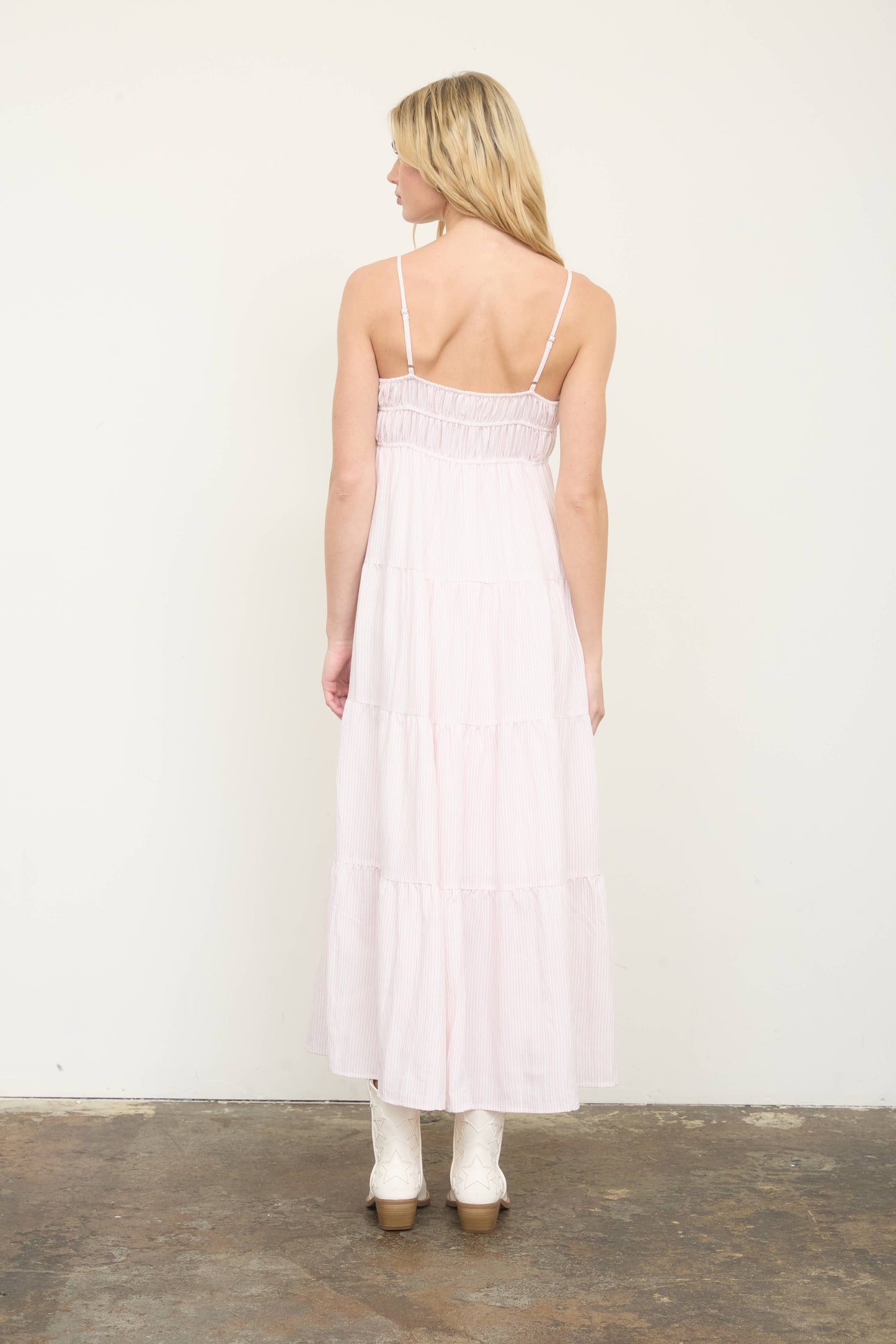 STRIPE SHIRRED EMPIRE WAIST TIERED MIDI DRESS: PINK