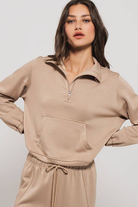 Cropped Quarter-Zip Pullover Sweatshirt: TAUPE