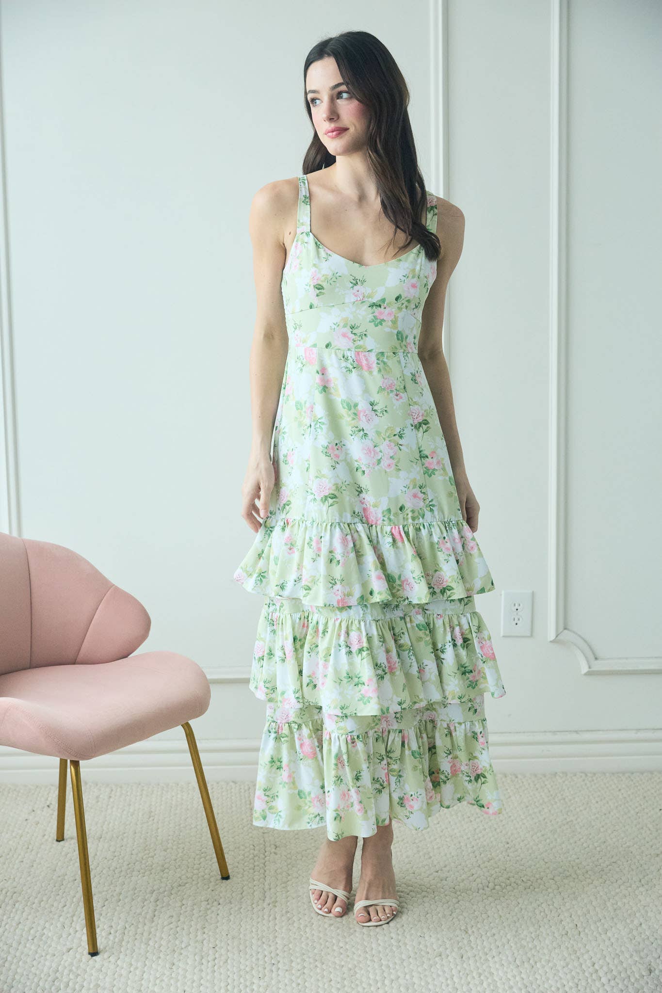 Floral Sleeveless Ruffle Tiered Hem Midi Dress: MINT MULTI S Floral Sleeveless Ruffle Tiered Hem Midi Dress: MINT MULTI S