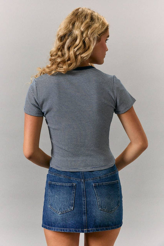 Round Neck Short Sleeve Stripe Top: NAVY