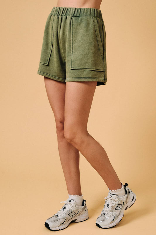 Washed French Terry Sweat Shorts: Green