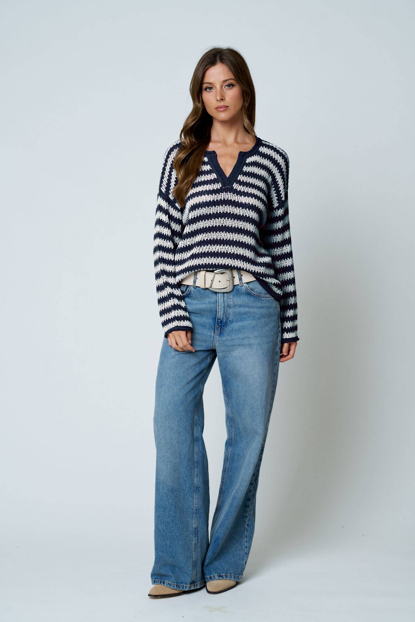 STRIPE RAW EDGE SPLIT NECK SHEER KNIT SWEATER - NAVY