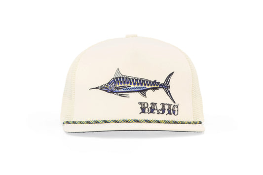 Black Marlin King Flat Brim Twill Trucker Hat
