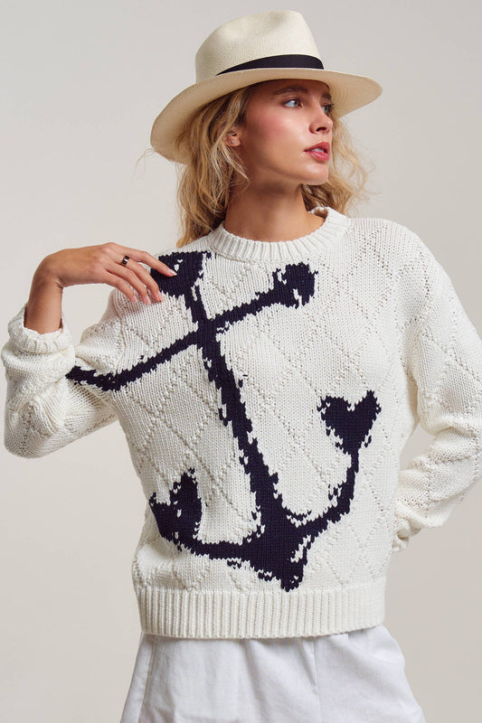 Nautical Anchor Textured Knit Sweater - Ivory