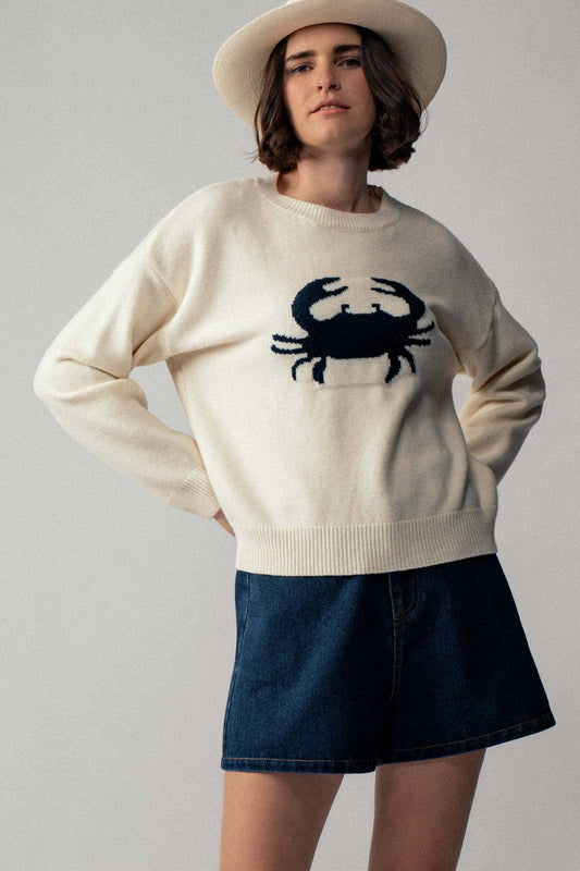 Crab Graphic Relaxed Knit Sweater - Ivory