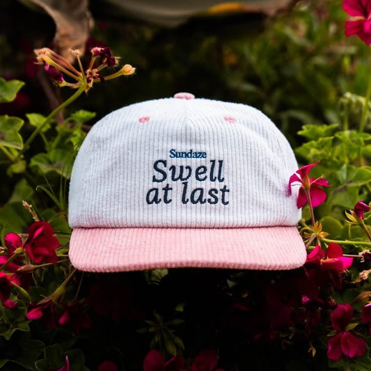 Swell at Last pink and White Corduroy Hat - 5 Panel Corduroy Snap Back