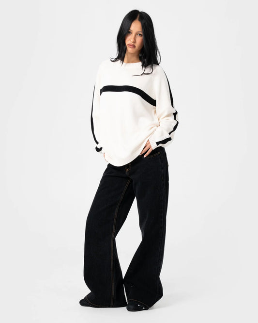 Rusty White Lines Long Sleeve Crew Neck Knit - Cream/Black