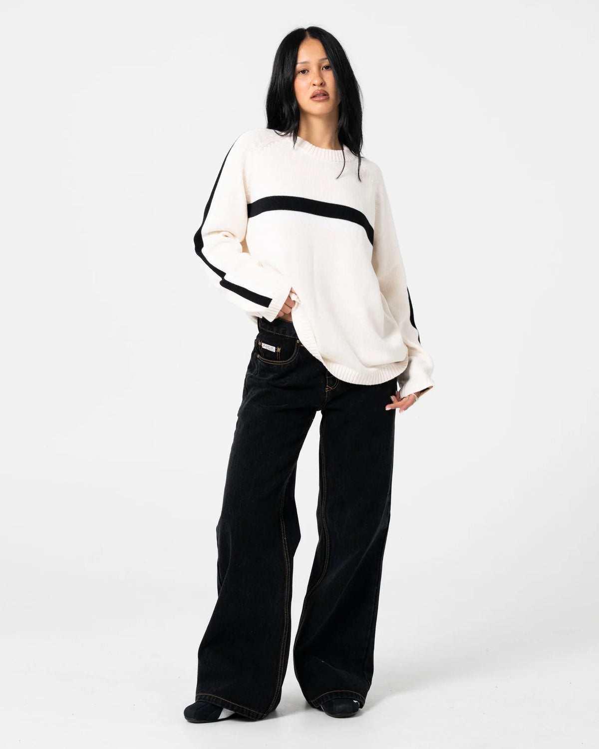 Rusty White Lines Long Sleeve Crew Neck Knit - Cream/Black