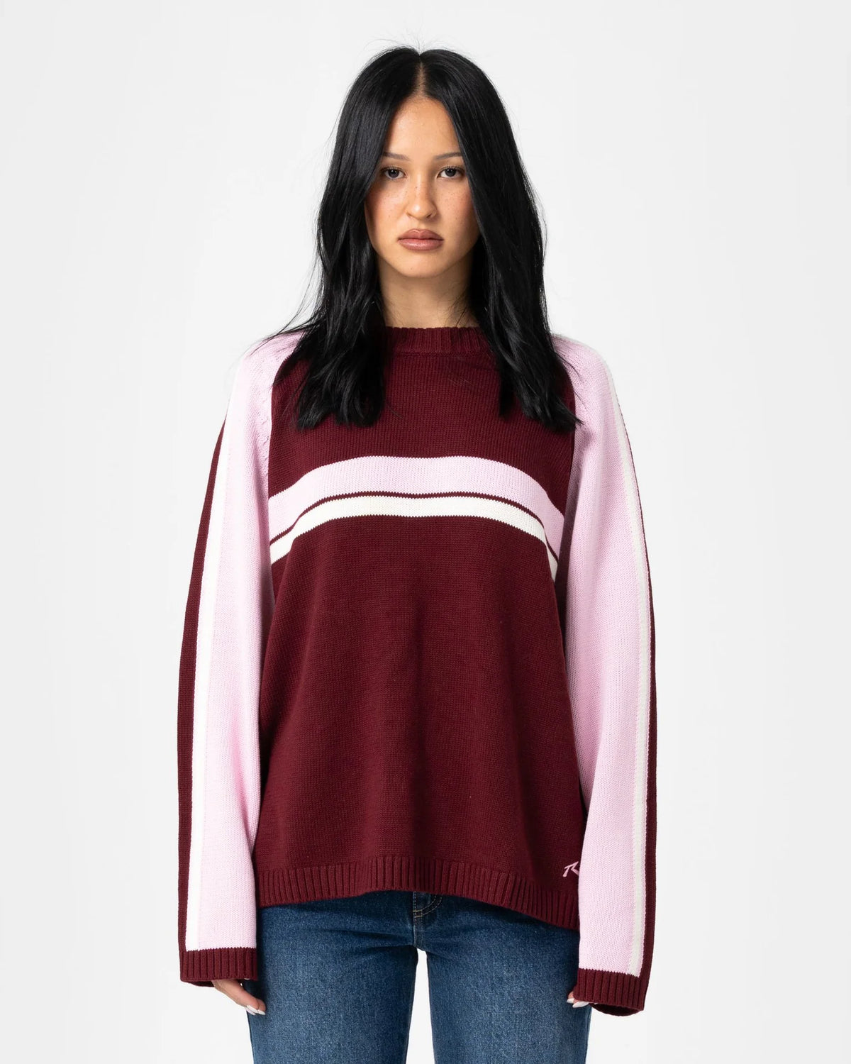 Rusty White Lines Two Crew Neck Knit - Burgundy