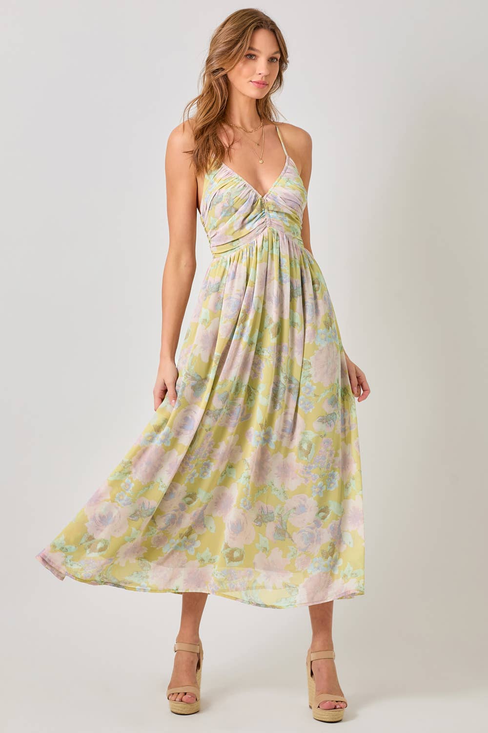 Floral Cross Back Pleating Dress: Pale Lemon Green Surf Shack South Floral Cross Back Pleating Dress: Pale Lemon Green Surf Shack South