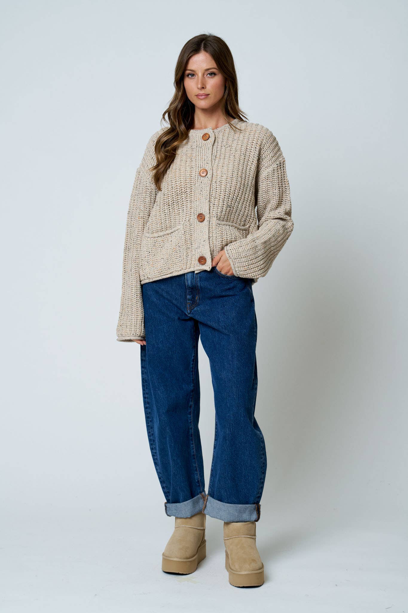 Marled Button Down Raw Edge Chunky Knit Cardigan: LIGHT KHAKI