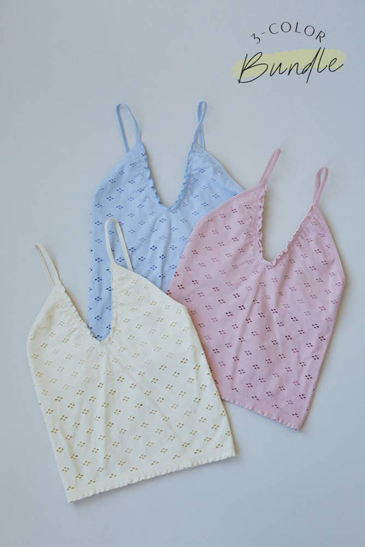 Seamless Eyelet Deep V-Neck Spaghetti Strap Sleeveless Top: Light Lilac