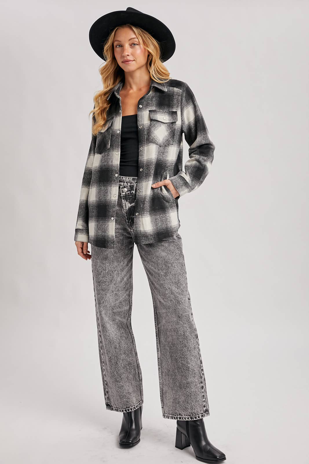 Button Down Flannel Shacket with Pockets: Black