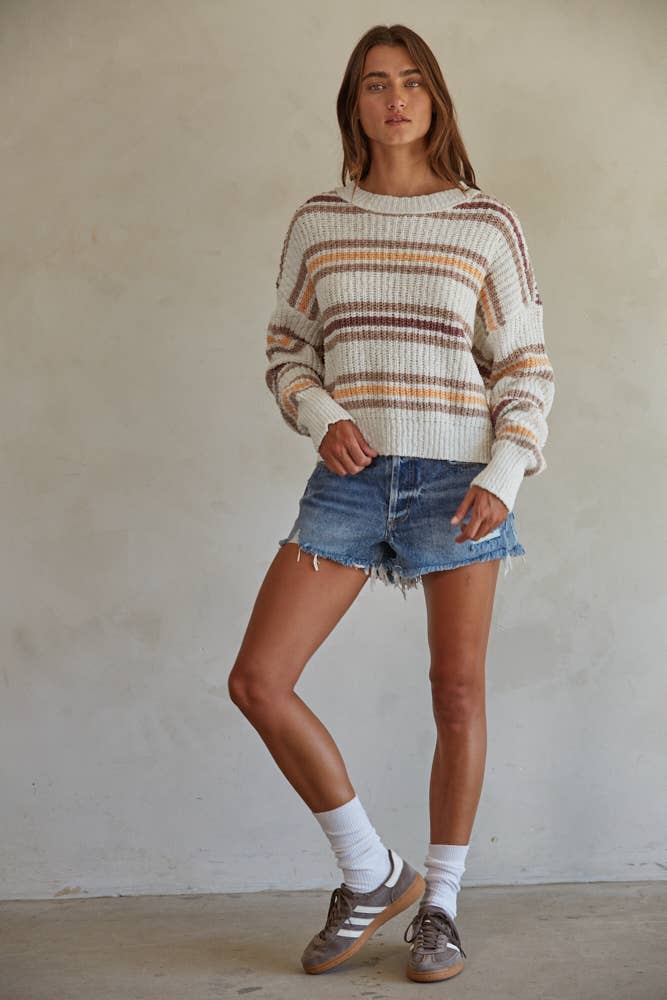Knit Striped Sweater Long Sleeve Mock Neck Pullover: White Multi