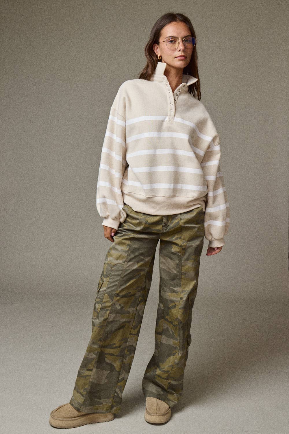 Addison Stripe Pullover: TAUPE/WHITE