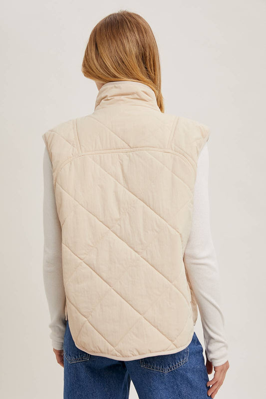 Button Down Quilted Puffer Vest: Beige
