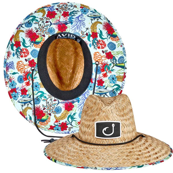 Pinch Front Straw Hat - Fish Floral Seafoam