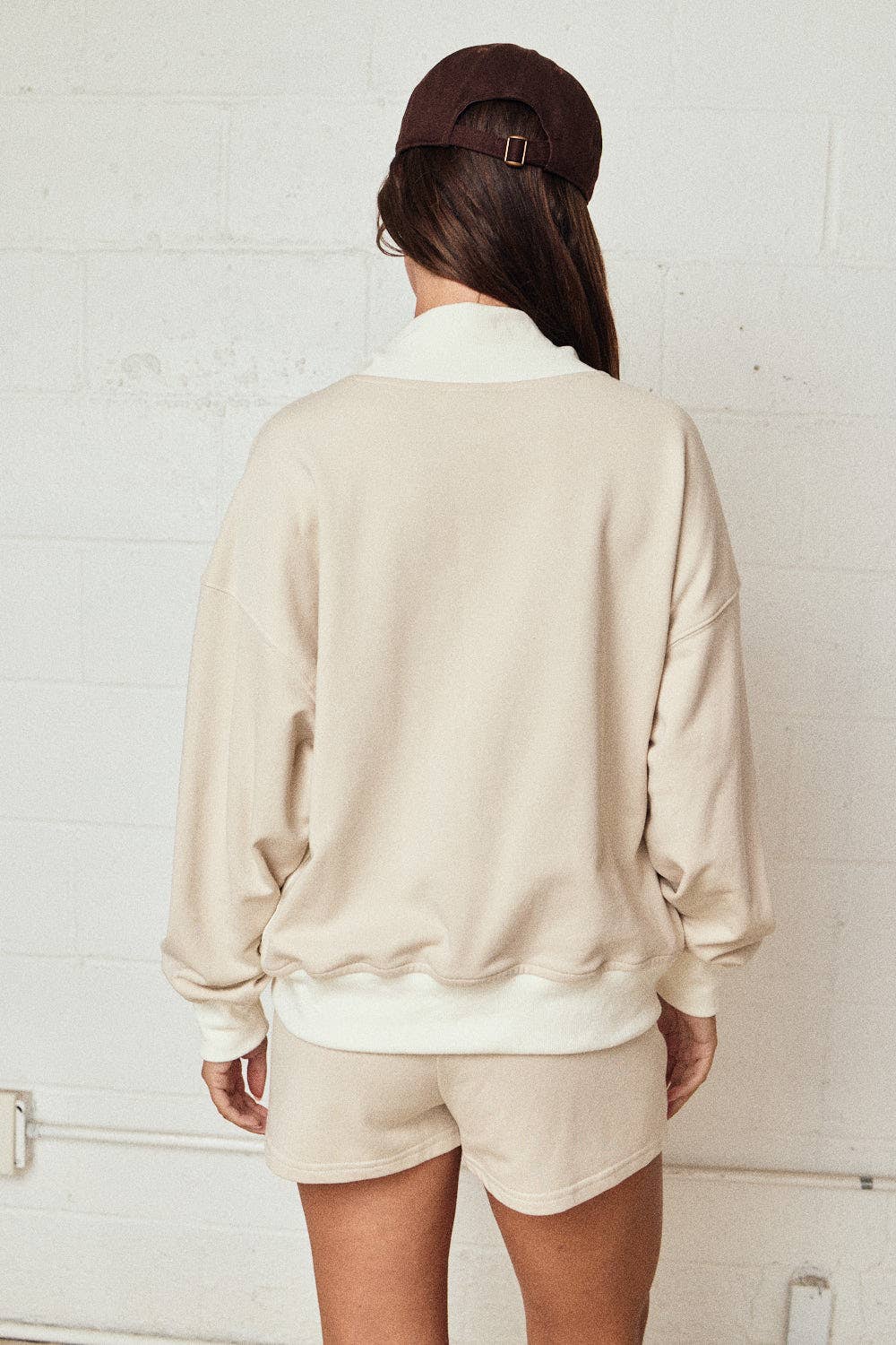 Mock neck Color block Pullover Short Set