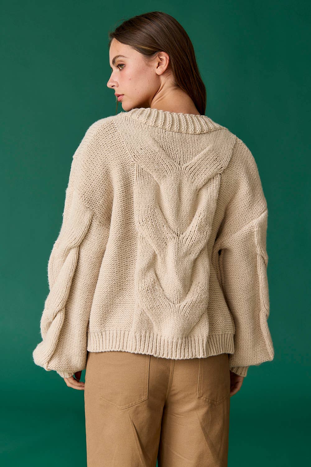 Oversized Cable Knit Cardigan - Tan