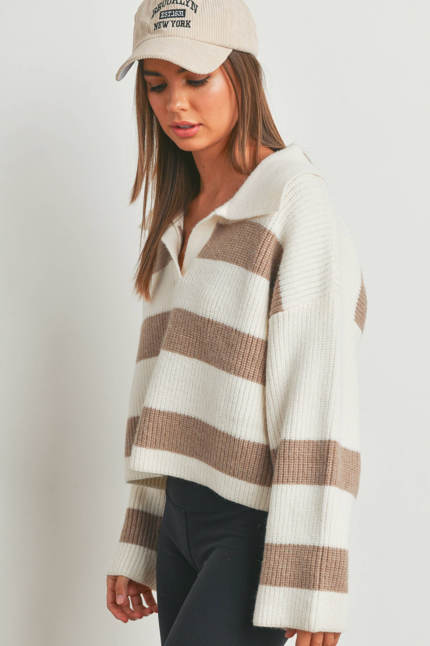 Stripe Collar Sweater: Taupe