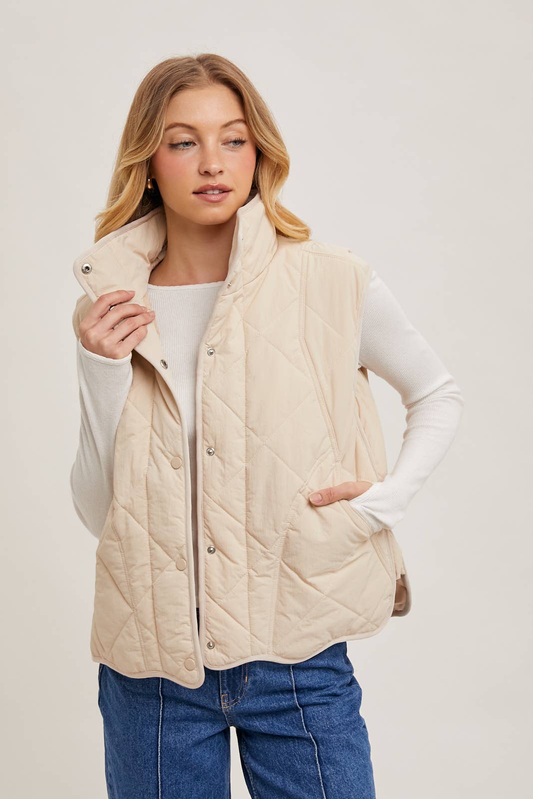Button Down Quilted Puffer Vest with Pockets: Beige
