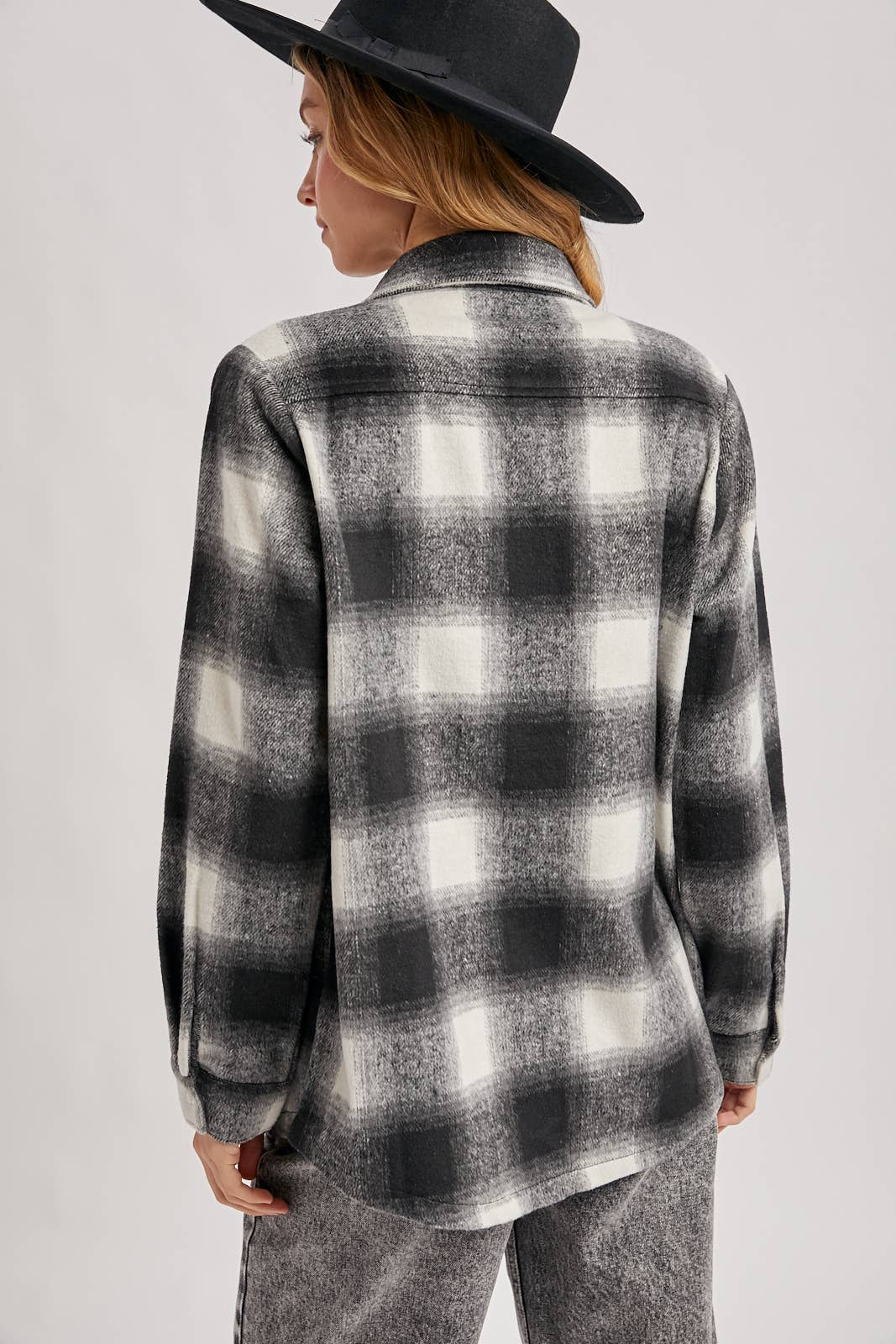 Button Down Flannel Shacket with Pockets: Black