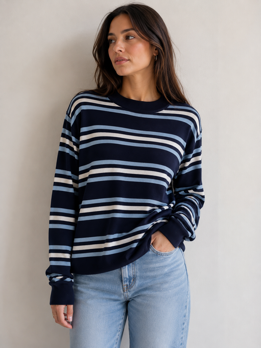 Coastal Stripe Crew Neck Sweater Top - Navy