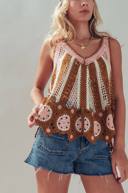 Floral Motif Open-Knit Crochet Tank - Brown Tank
