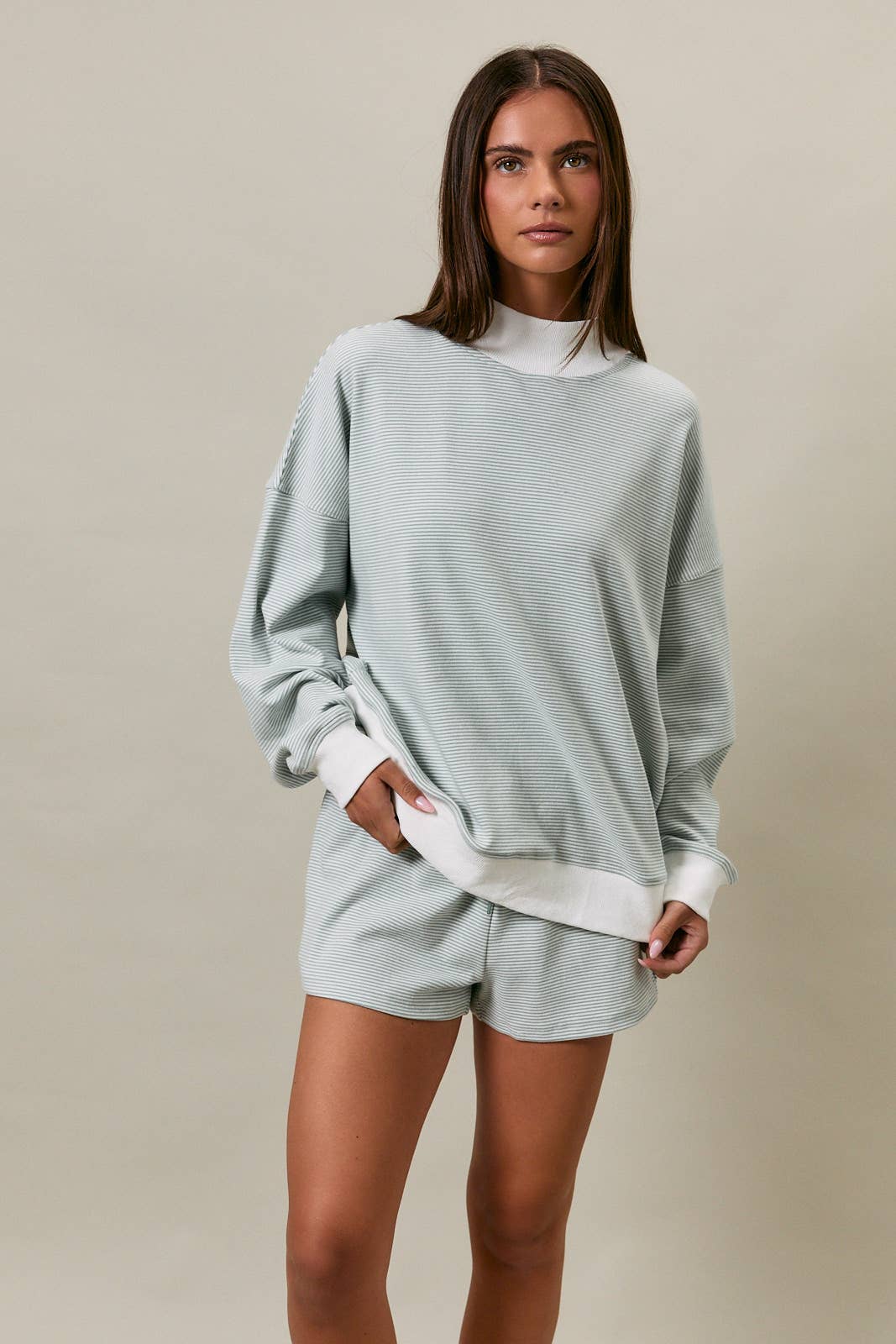 Mock Neck Stripe Sweatshirt - Sage Cream Stripe