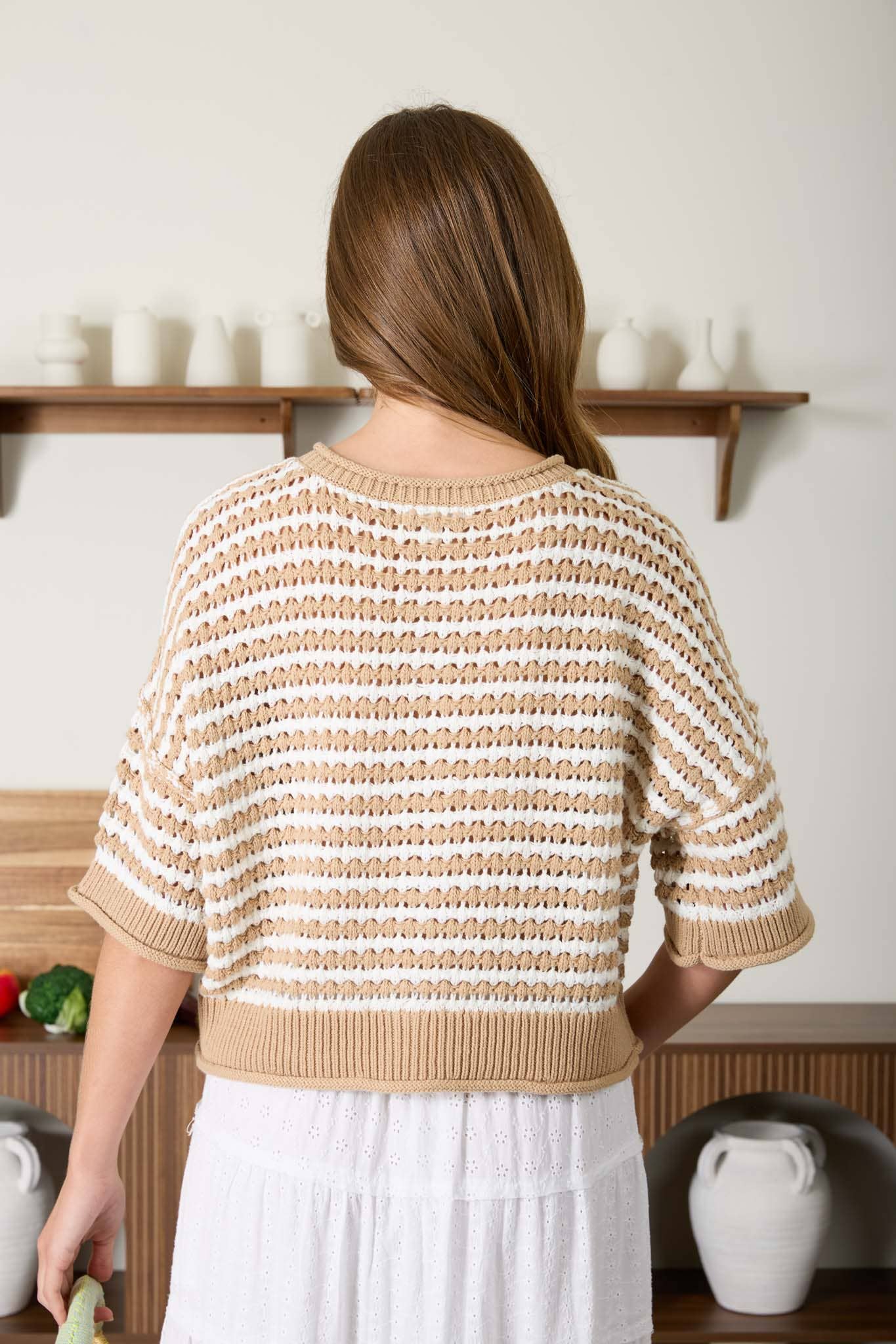 STRIPE SHORT SLEEVE CROCHET KNIT CARDIGAN - KHAKI