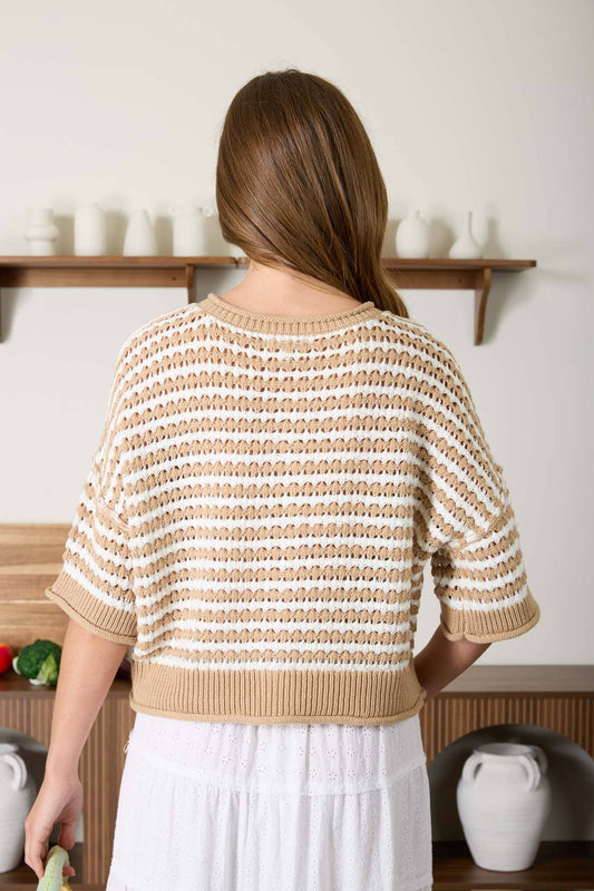 STRIPE SHORT SLEEVE CROCHET KNIT CARDIGAN - KHAKI