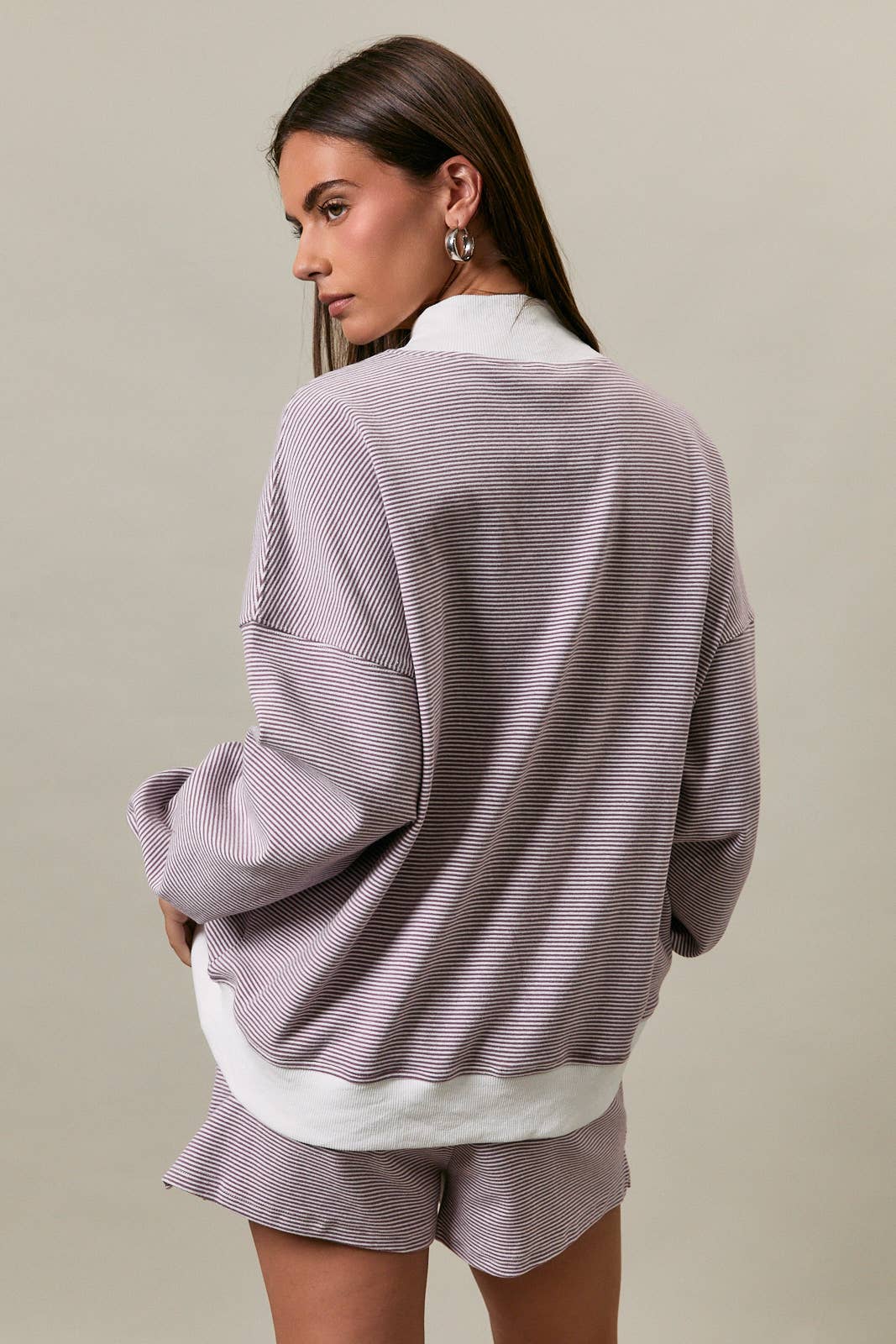 Mock Neck Stripe Sweatshirt - Lavender Cream Stripe