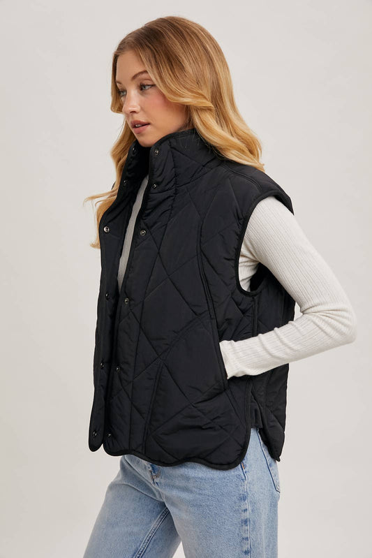 Button Down Quilted Puffer Vest : Black