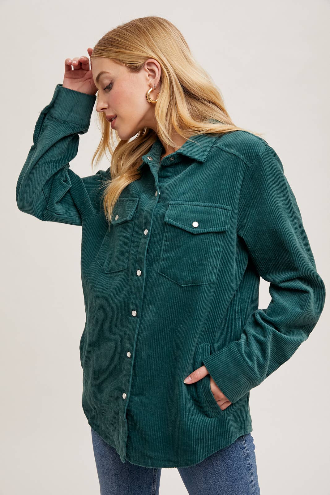 Corduroy Shacket with Pockets - Peacock