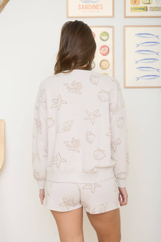 SEA MOTIF CREW NECK LONG SLEEVE KNIT TOP - KHAKI