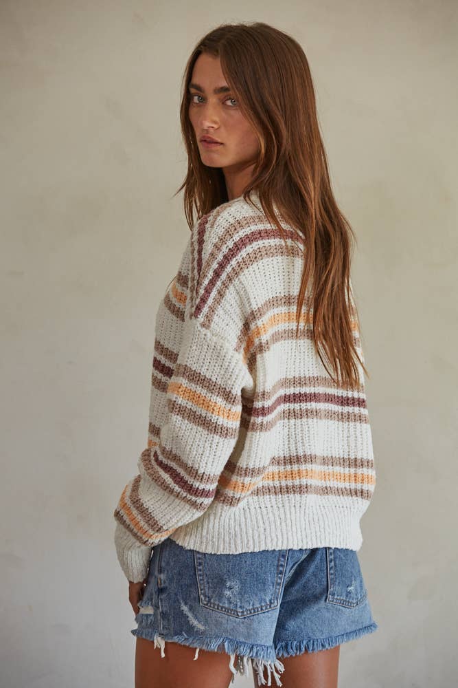 Knit Striped Sweater Long Sleeve Mock Neck Pullover: White Multi