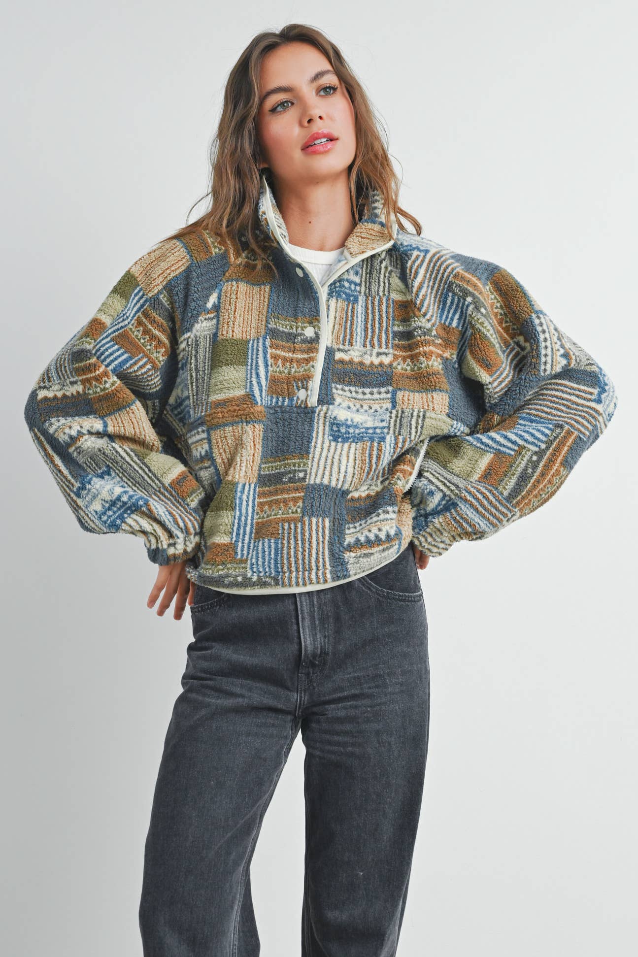 Patchwork Print Button Up Crew