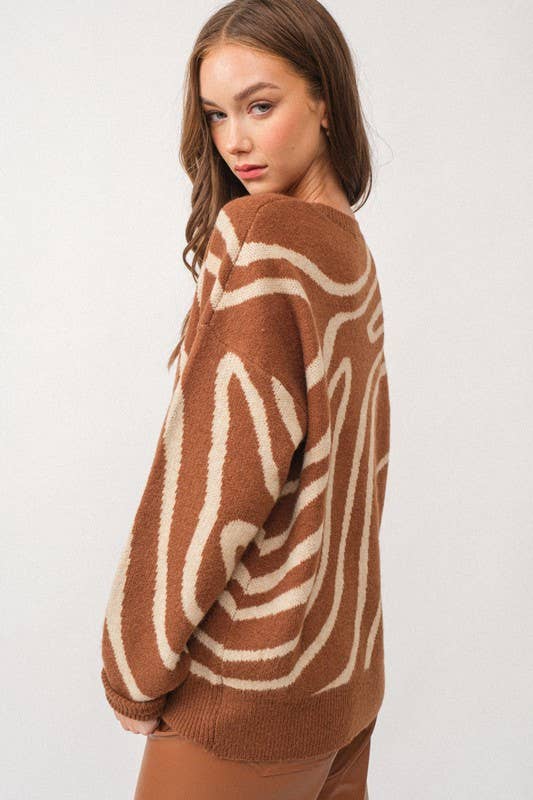 Wave Print Oversized Sweater Top - Beige